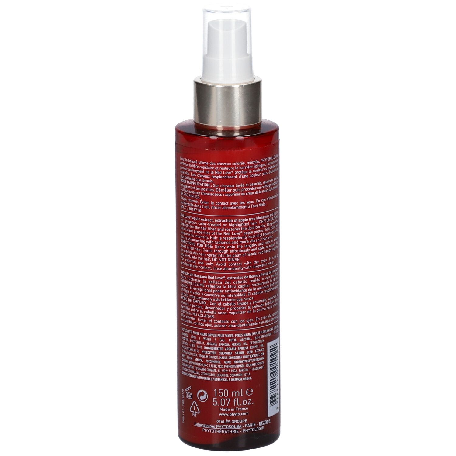 Flacon rouge avec vaporisateur blanc. Dos avec texte multilingue. Volume: 150 ml, 5.07 fl.oz.