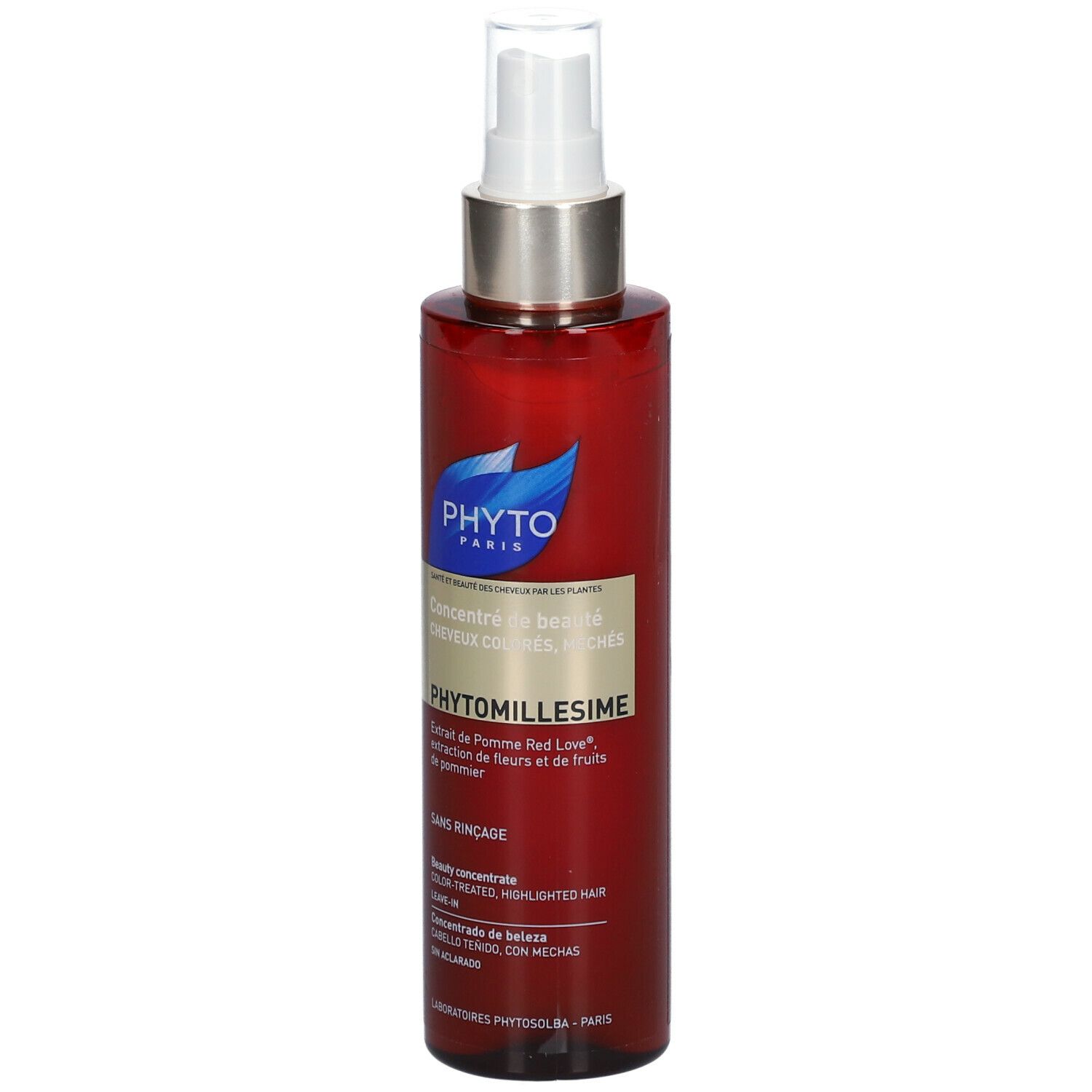 Flacon rouge avec vaporisateur blanc. Inscription: PHYTOMILLESIME, concentré pour cheveux colorés. Sans rinçage.