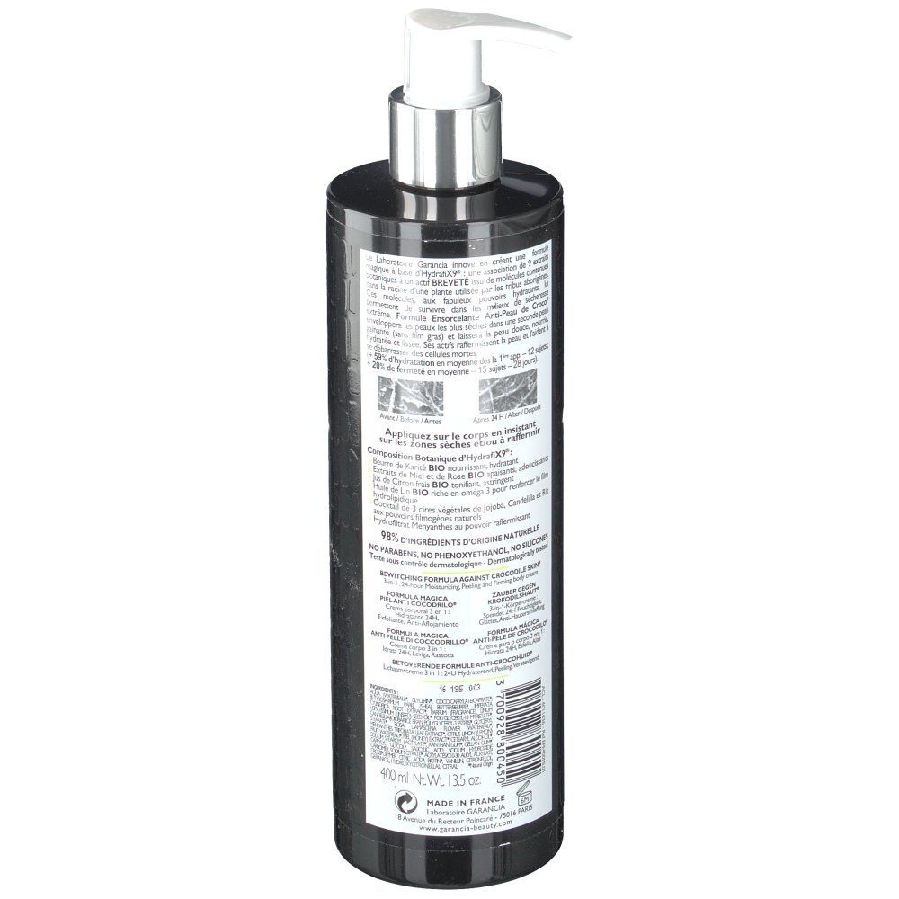 Schwarze Flasche mit Pumpe. Rückseite mit Text. Marke: Garancia. Produktinformationen.