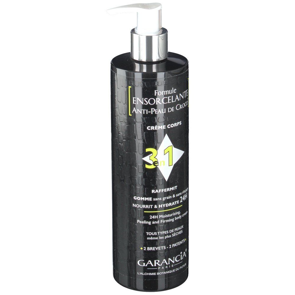 Schwarze Flasche mit Pumpe. Text: Formule Ensorcelante Anti-Peau de Croco, Crème Corps, 3-in-1. Marke: Garancia.