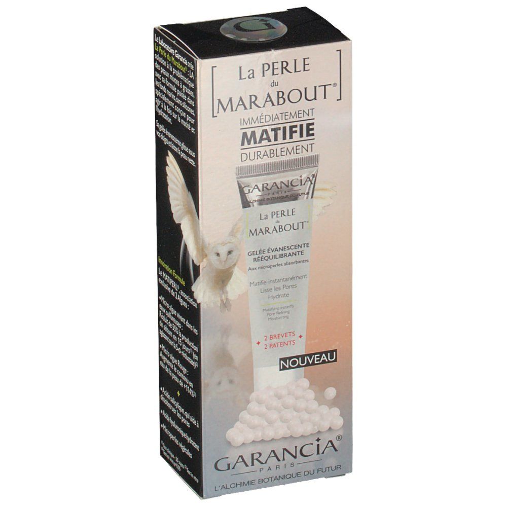 Karton mit Produktabbildung und Text. Marke: Garancia. Produktname: La Perle du Marabout. Aufschrift: sofort mattierend.