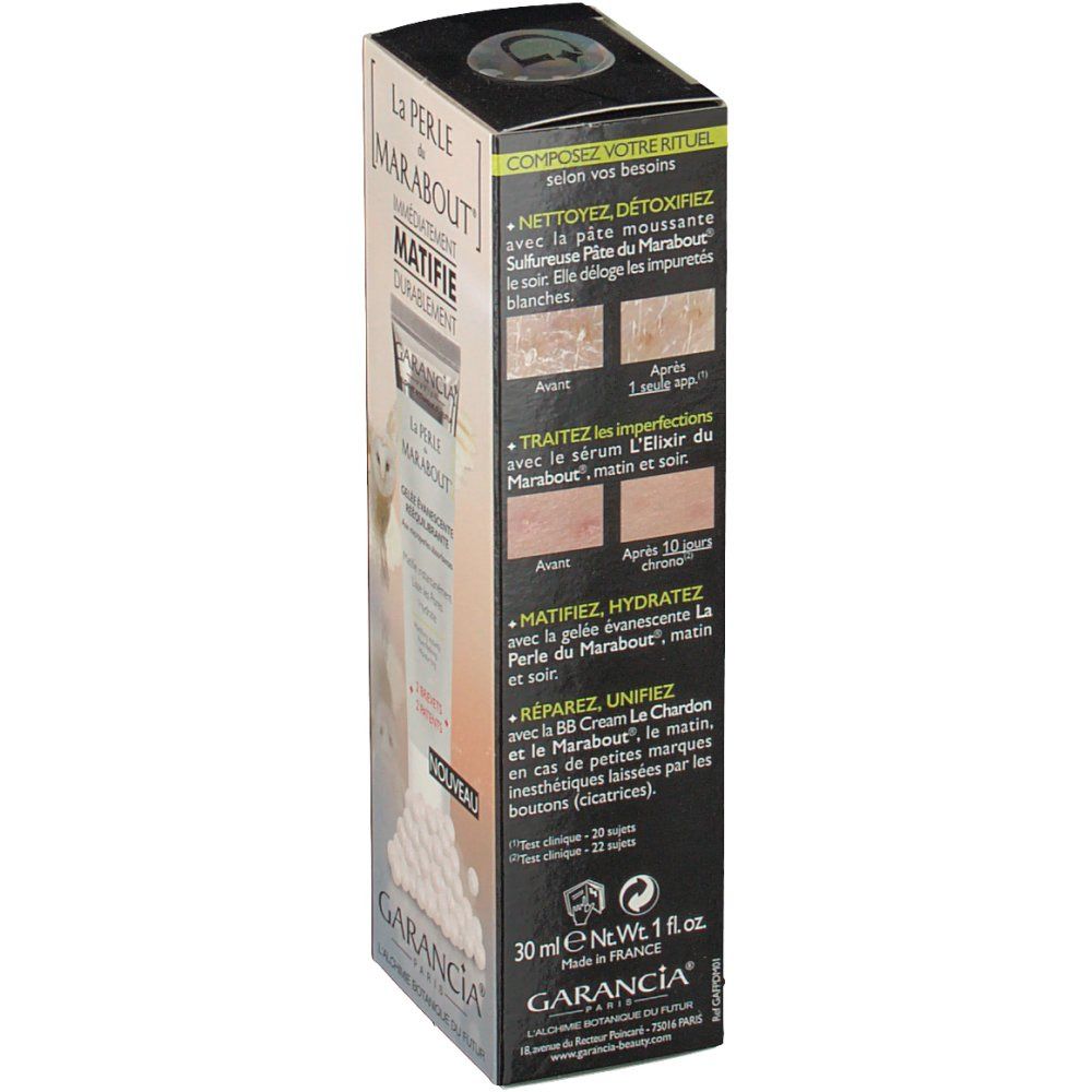 Produktverpackung mit Text. Garancia La Perle du Marabout. Anwendungsbeispiele und Inhaltsangaben. Volumen: 30 ml.