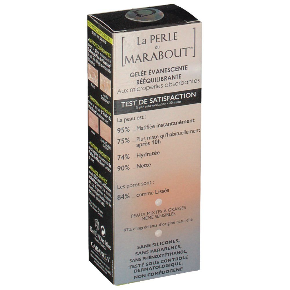 Produktverpackung mit Text. Garancia La Perle du Marabout. Test zur Zufriedenheit. Ergebnisse: 95% mattiert, 75% matt nach 10h.