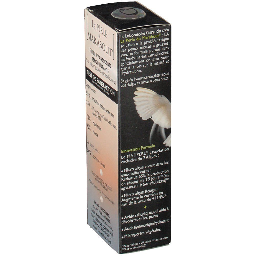 Produktverpackung mit Text. Garancia La Perle du Marabout. Beschreibung der Inhaltsstoffe und Wirkungsweise. Innovation Formel.