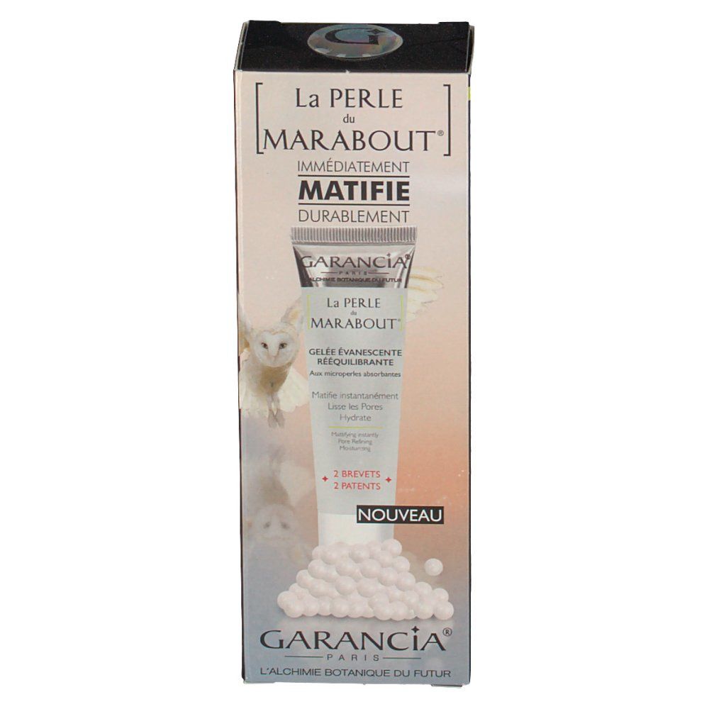 Produktverpackung mit Produktabbildung und Text. Marke: Garancia. Produktname: La Perle du Marabout. Aufschrift: sofort mattierend.