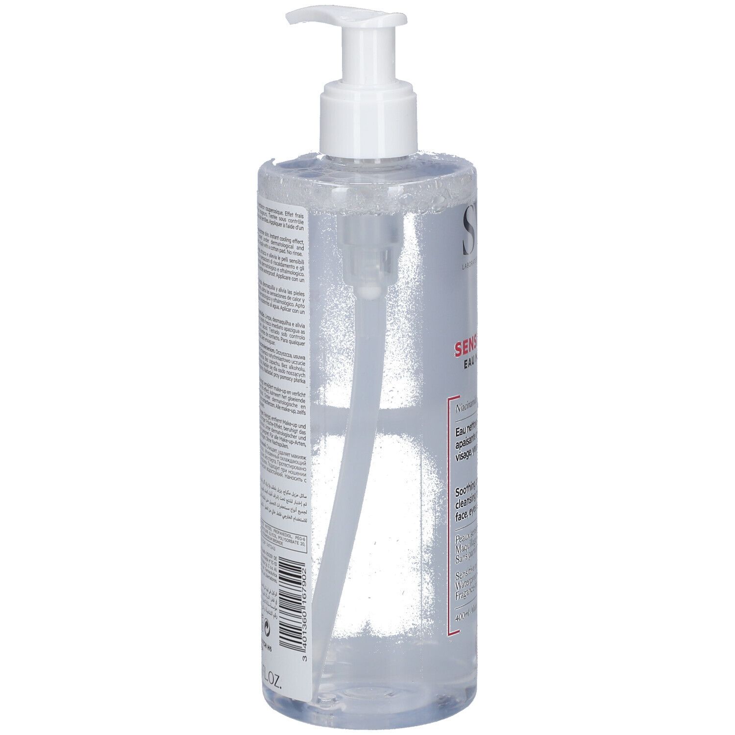 Rückseite einer Flasche mit Pumpe. Text: SVR, SENSIFINE AR. Produktinformationen und Barcode.