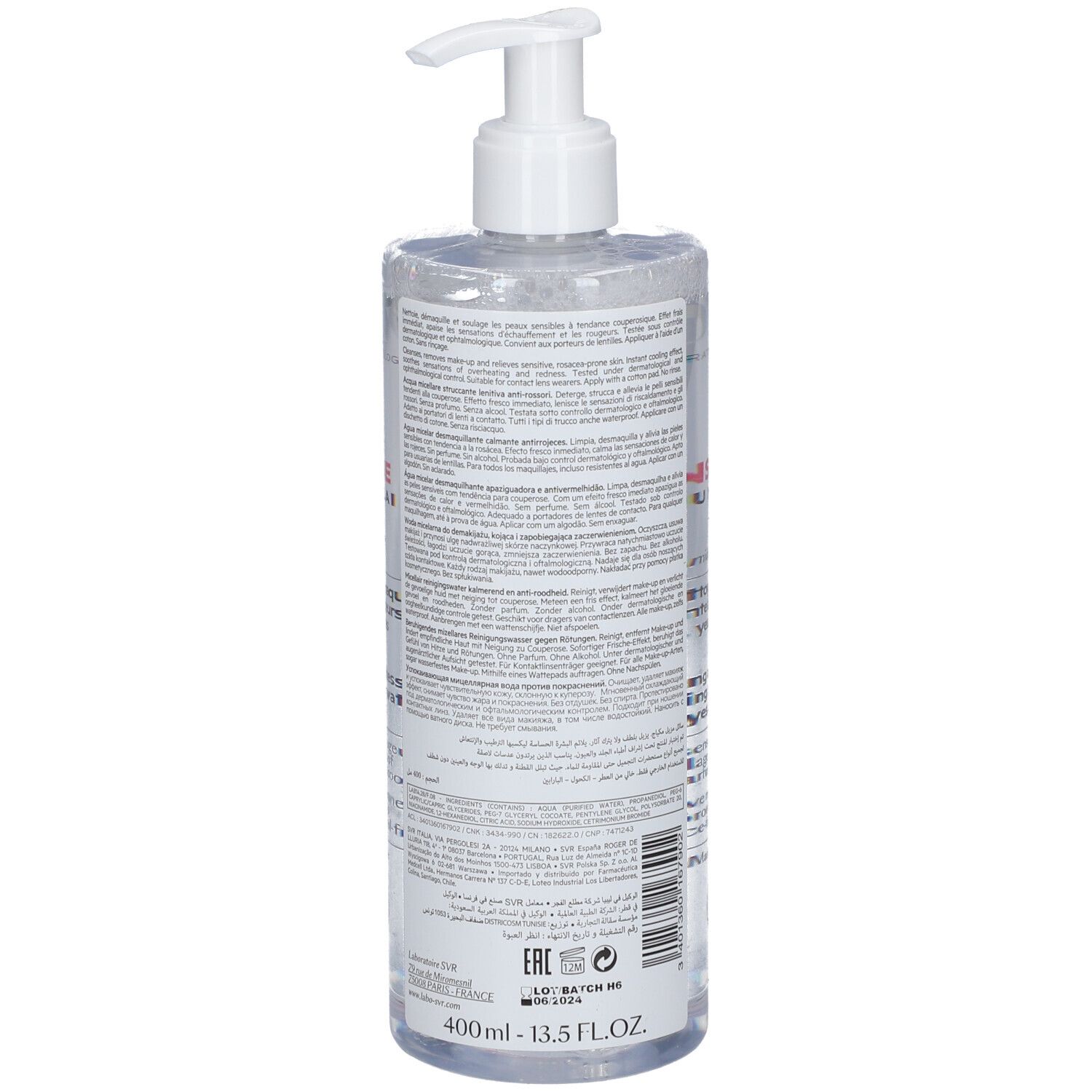 Rückseite einer Flasche mit Pumpe. Text: SVR, SENSIFINE AR. Produktinformationen, Inhaltsstoffe und Chargennummer.