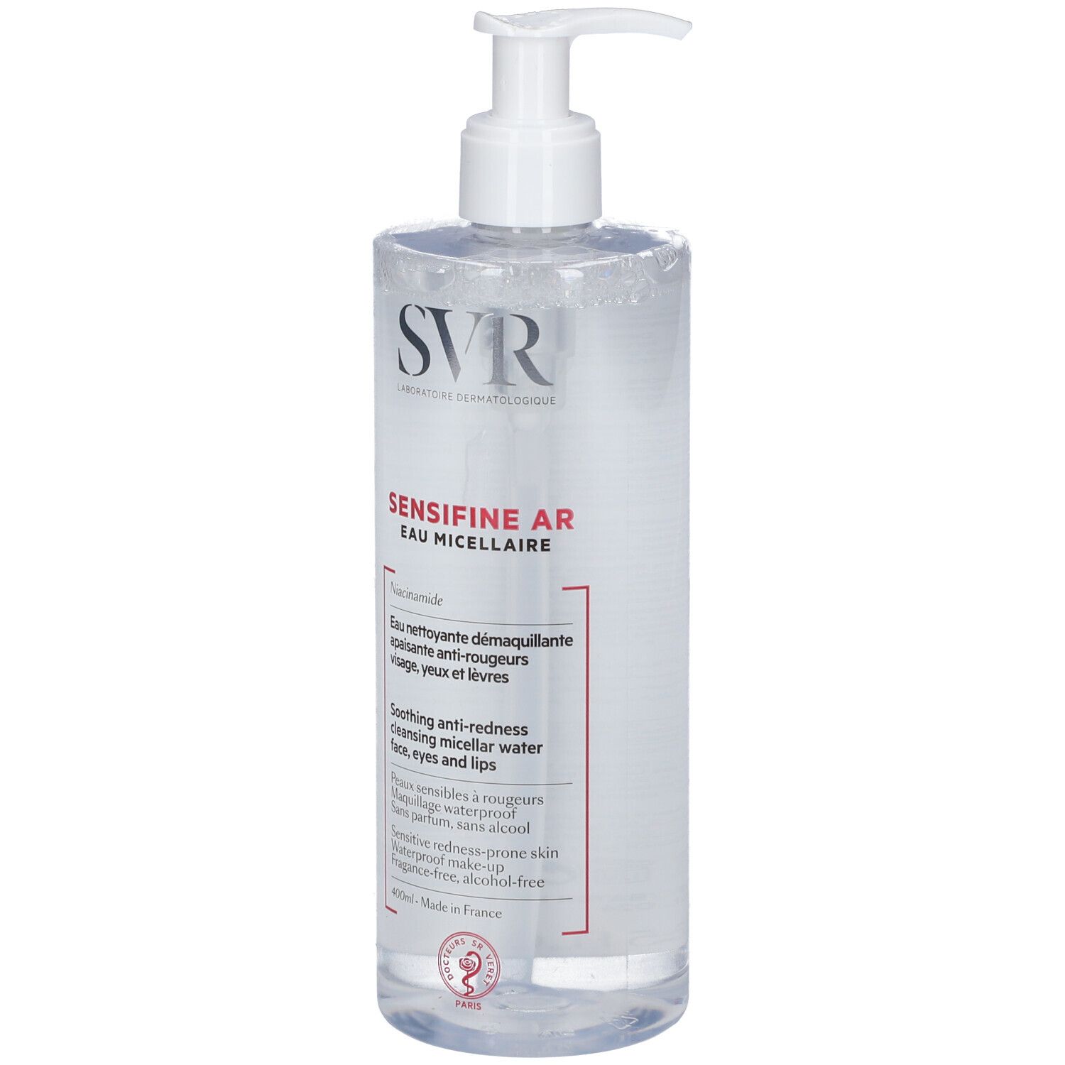 Klare Flüssigkeit in einer Flasche mit Pumpe. Aufschrift: SVR, SENSIFINE AR, Eau Micellaire. Für empfindliche Haut.