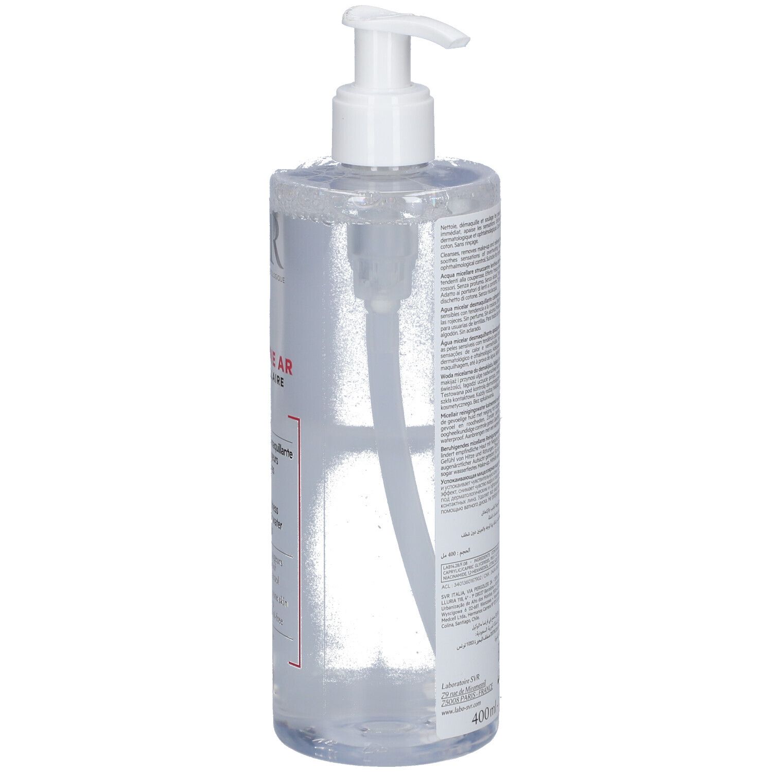 Rückseite einer Flasche mit Pumpe. Text: SVR, SENSIFINE AR. Produktinformationen und Barcode.