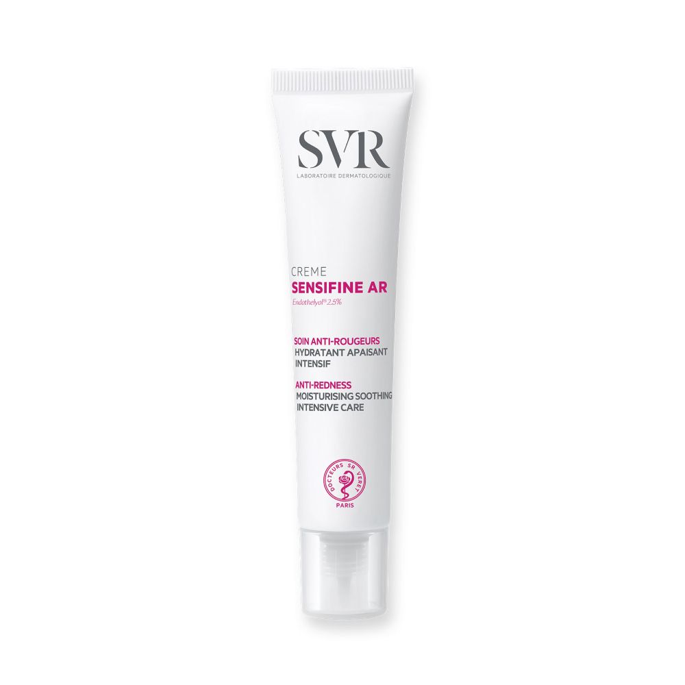 Tube blanc de crème SVR SENSIFINE AR. Texte: Anti-rougeurs, crème. 40ml. Fabriqué en France.