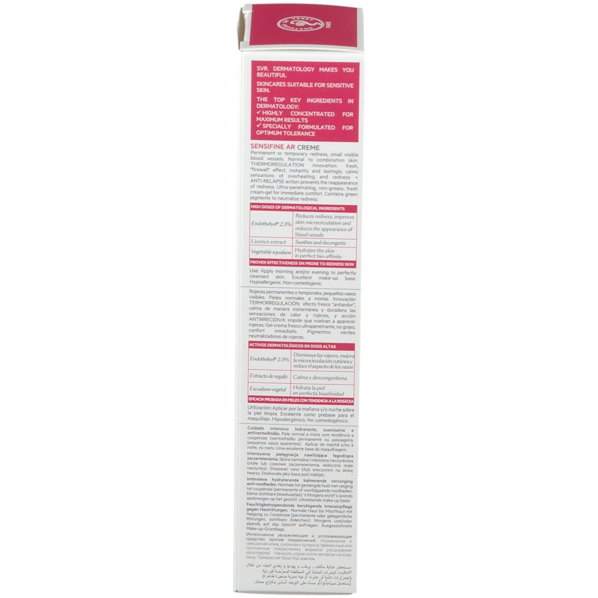 Rückseite der Verpackung SVR SENSIFINE AR Creme. Text in mehreren Sprachen. 40 ml.