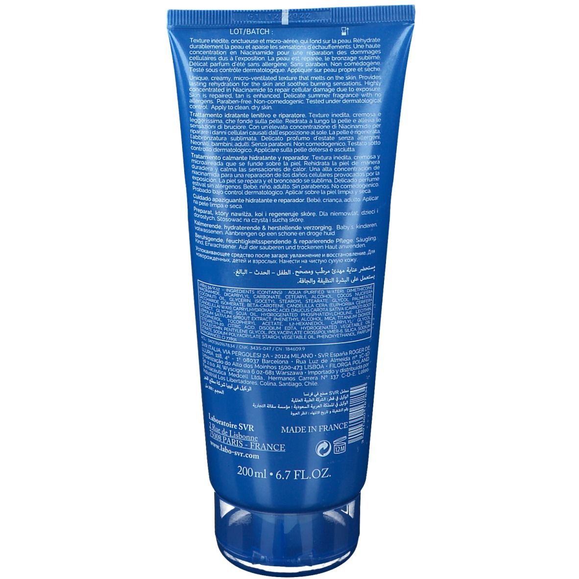 Rückseite einer blauen Tube. Text in mehreren Sprachen. Unten: "200ml 6.7 FL.OZ". Herstellerlogo und "MADE IN FRANCE".