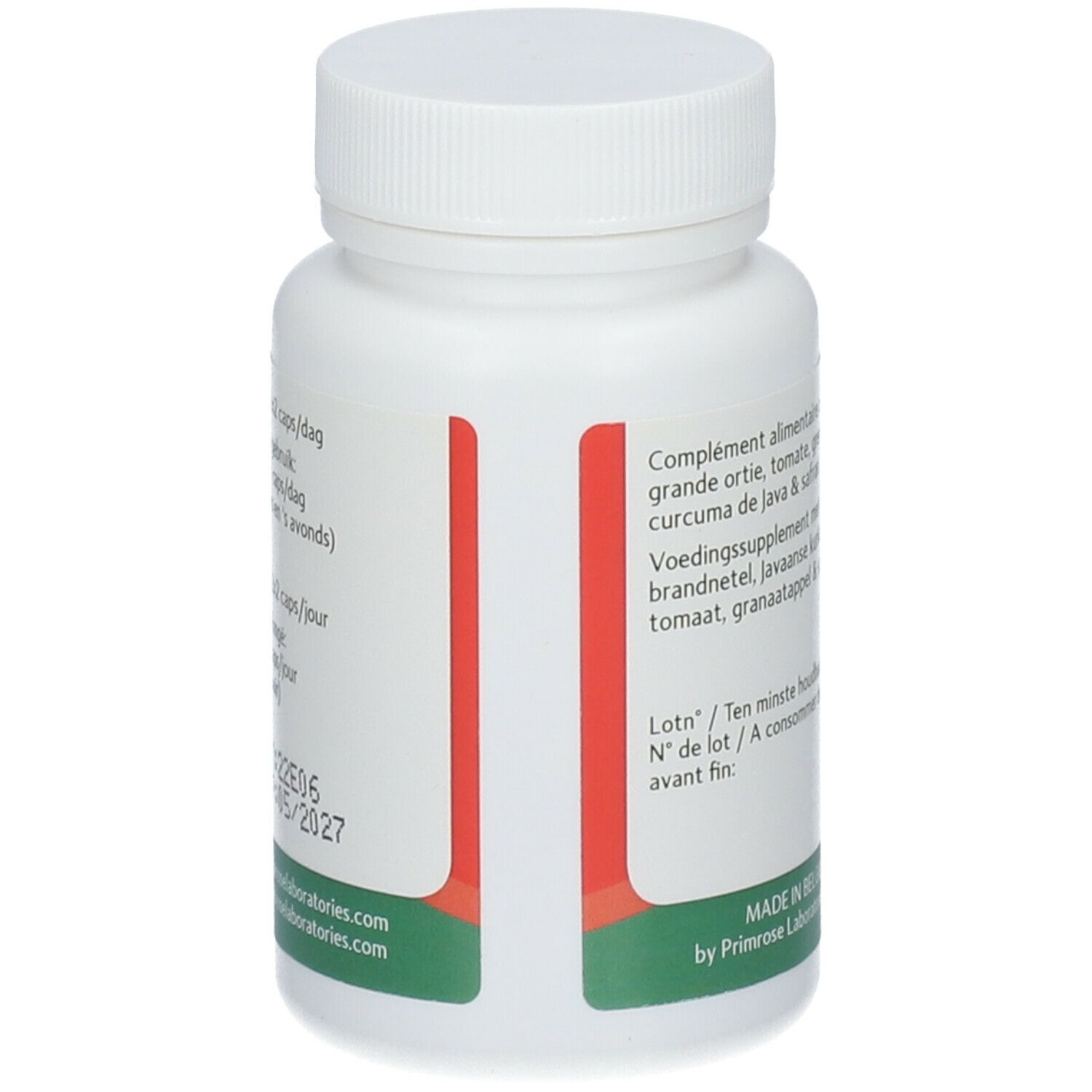 Witte fles met rode streep en tekst. Bevat ingrediënten. Gemaakt in België door Primrose Laboratories.