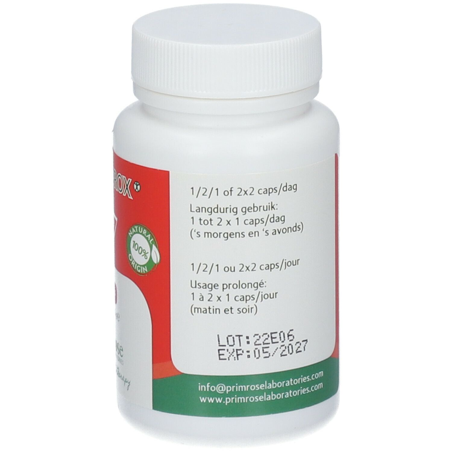 Witte fles met tekst. Dosering: 1-2 capsules/dag. Lotnummer en vervaldatum: 05/2027. Contactgegevens van Primrose Laboratories.