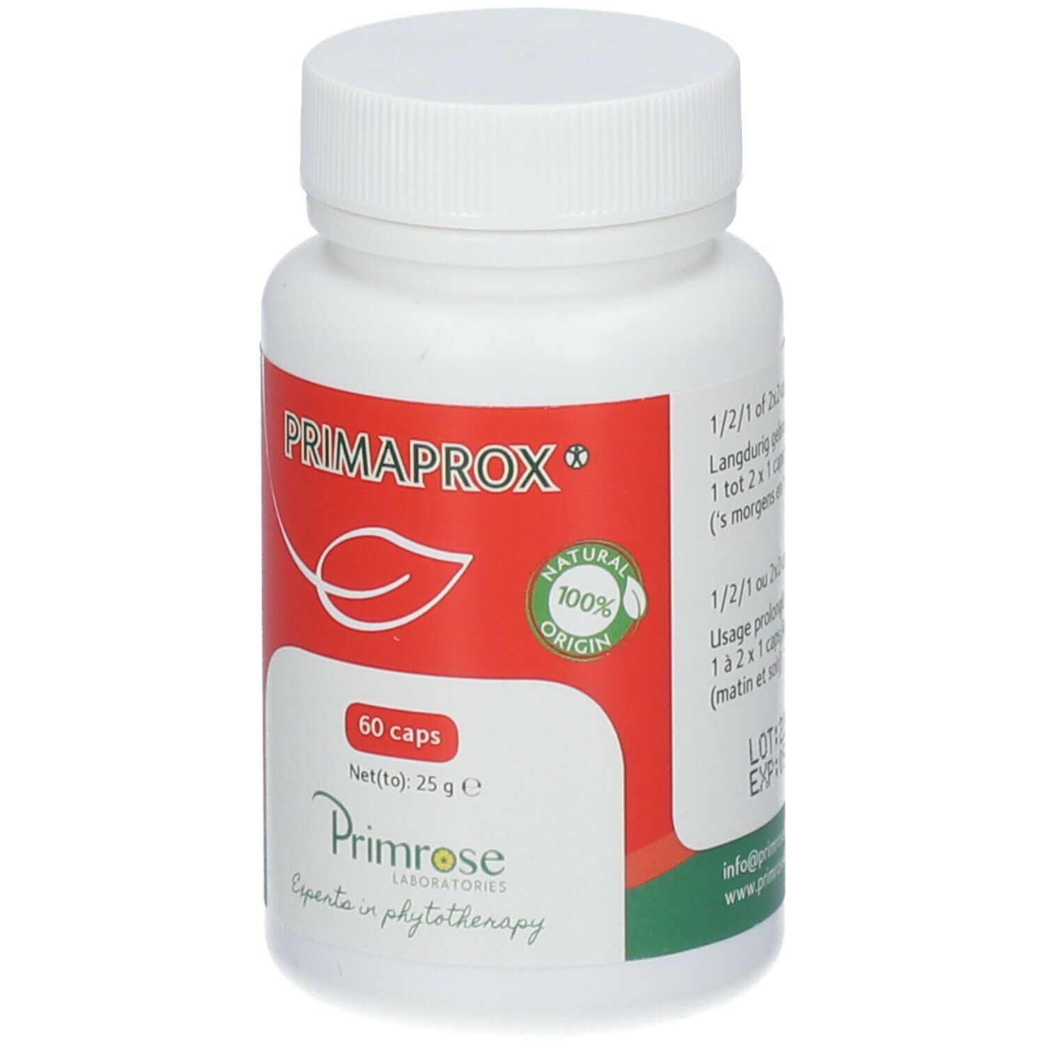 Witte fles met PRIMAPROX-label. Rode achtergrond met witte tekst. 60 capsules. 100% natuurlijke oorsprong. Primrose Laboratories.