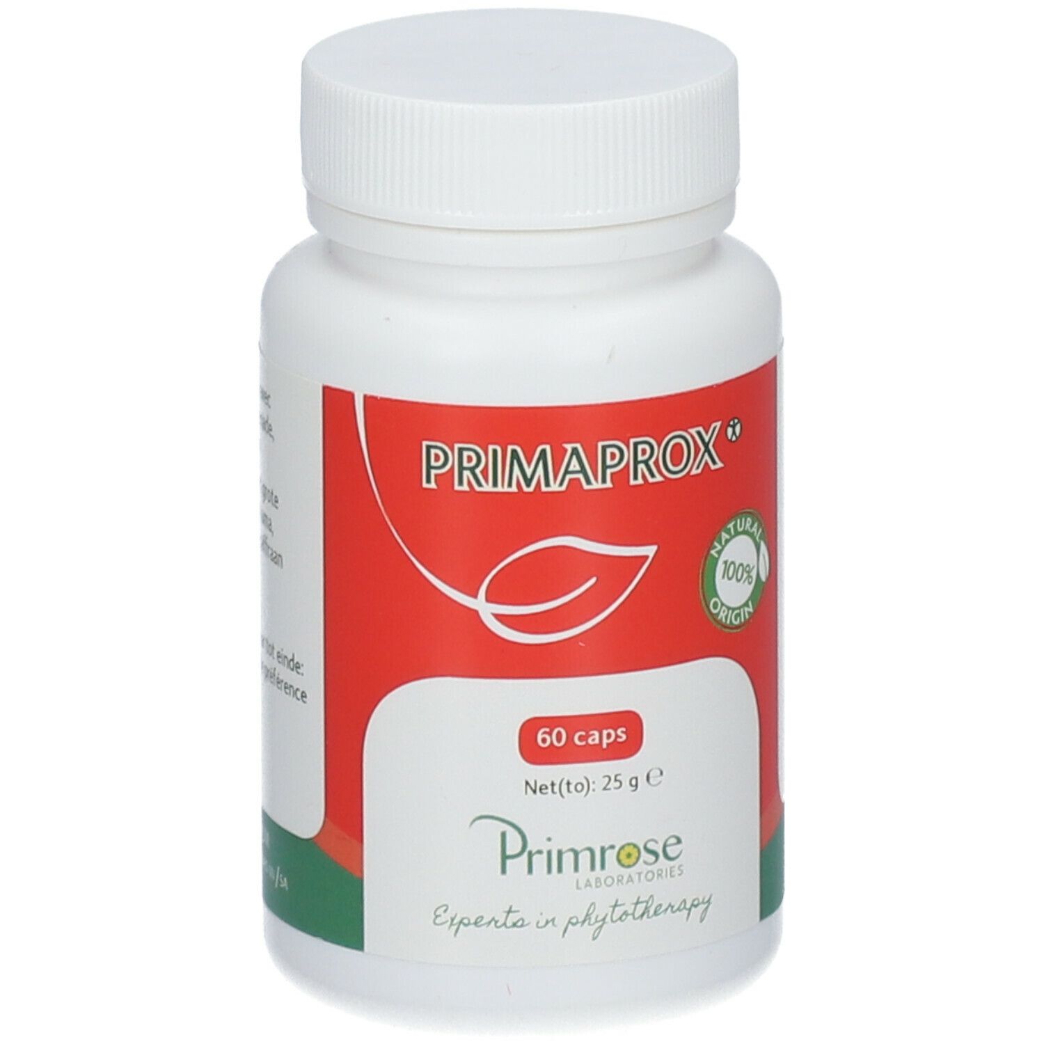 Witte fles met PRIMAPROX-label. Rode achtergrond met witte tekst. 60 capsules. 100% natuurlijke oorsprong. Primrose Laboratories.
