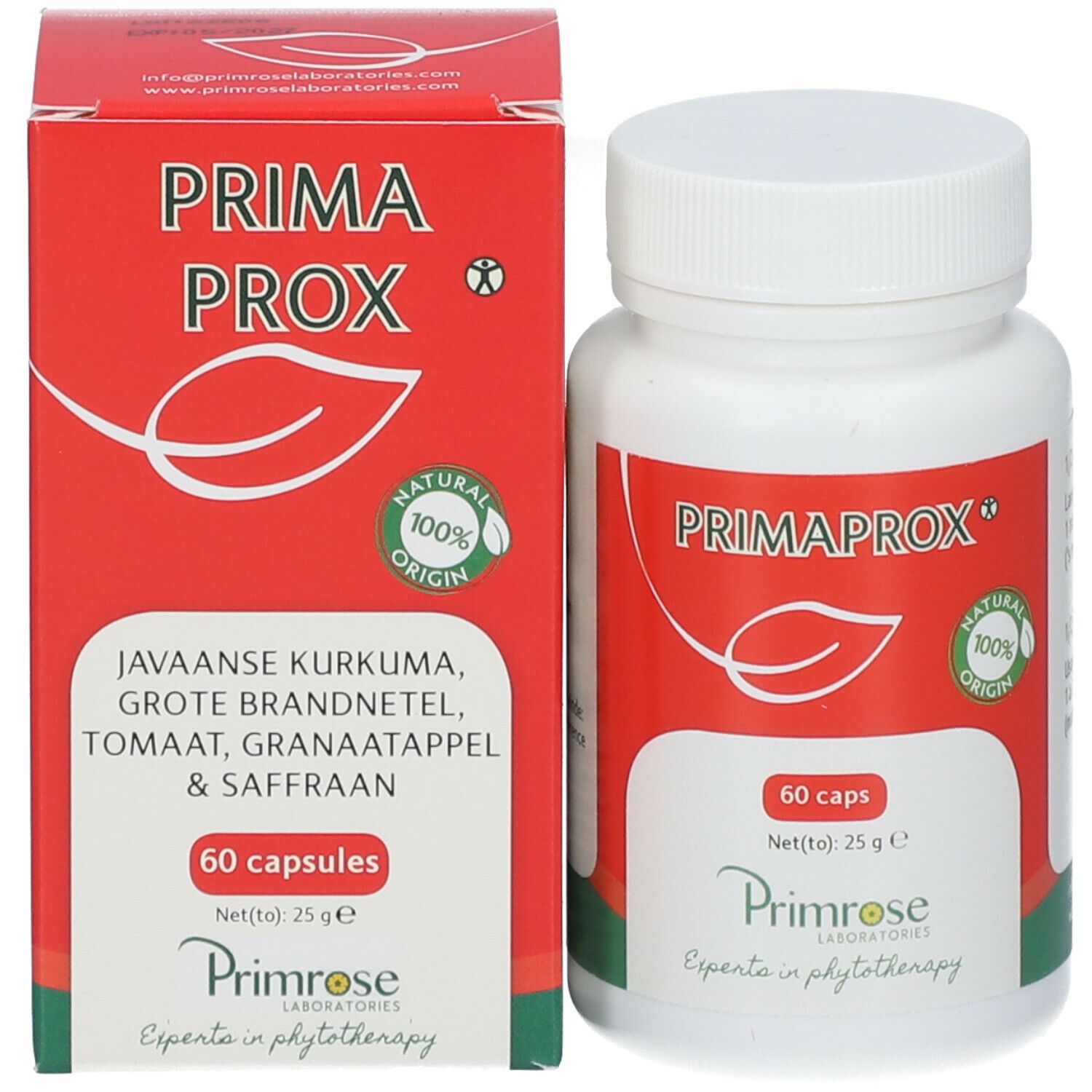 Productverpakking met fles. Rode doos met PRIMAPROX-logo en tekst. 60 capsules. 100% natuurlijke oorsprong. Primrose Laboratories.