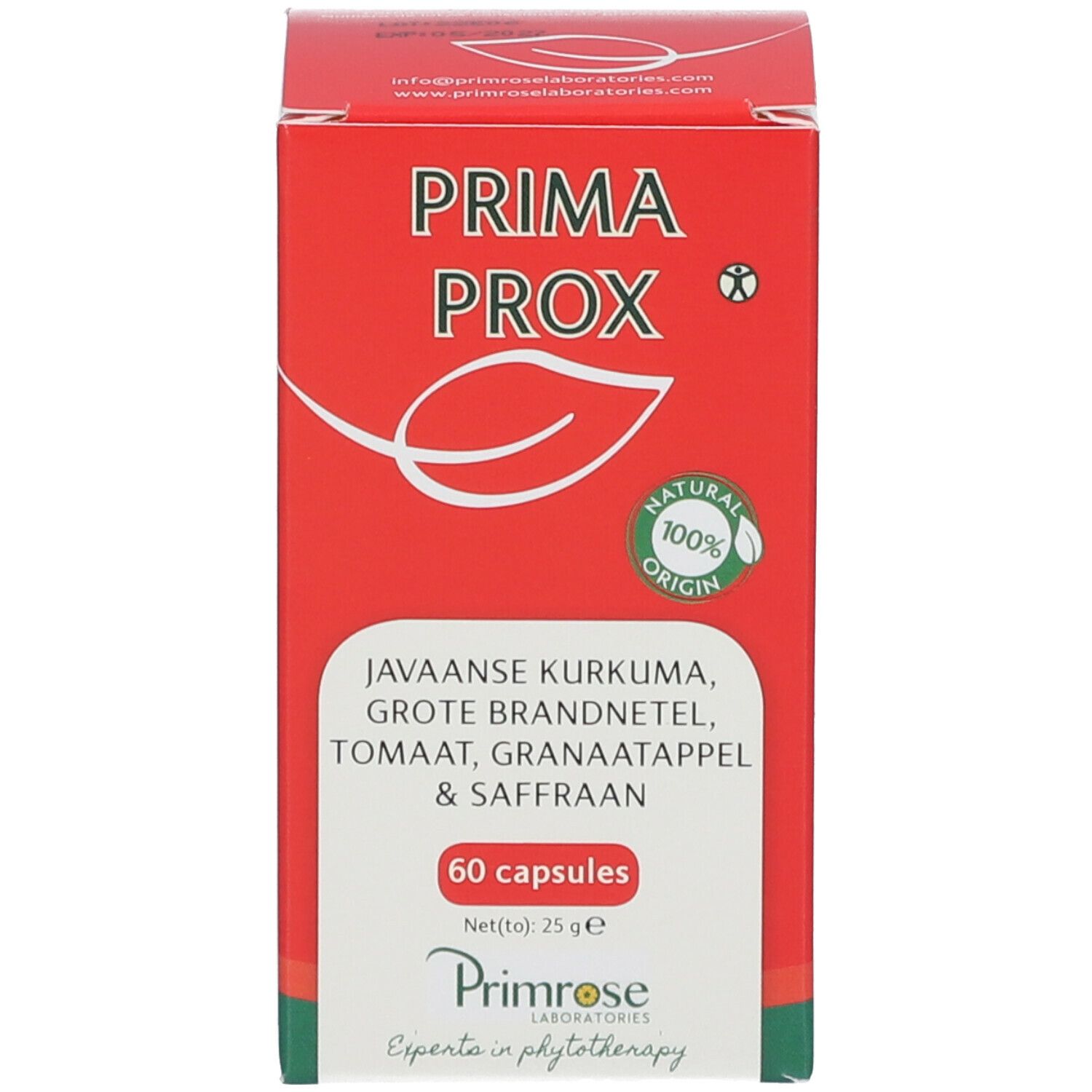 Rode doos met PRIMAPROX-logo en tekst. Bevat 60 capsules. 100% natuurlijke oorsprong. Primrose Laboratories.