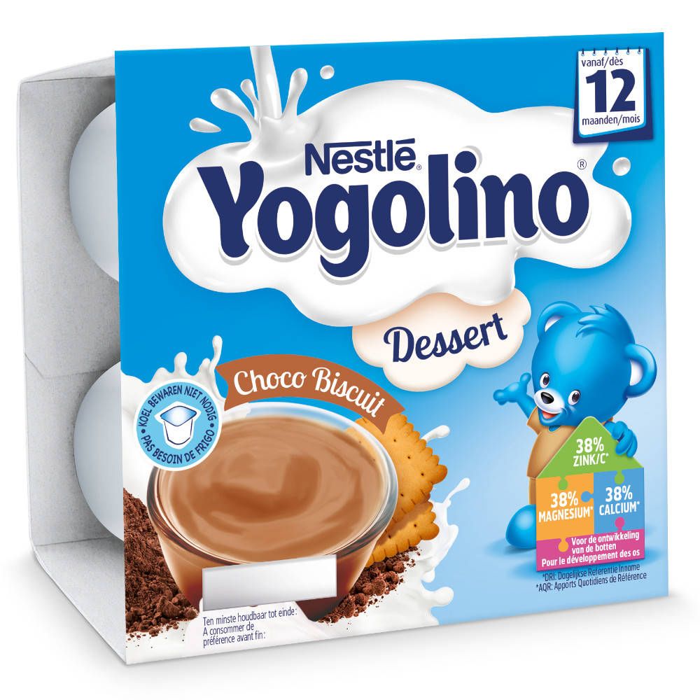 Verpackung mit 12 Dessert-Pots. Blaue Verpackung mit "Nestlé Yogolino Dessert Choco Biscuit". Abbildung eines Dessert-Pots und Keks.