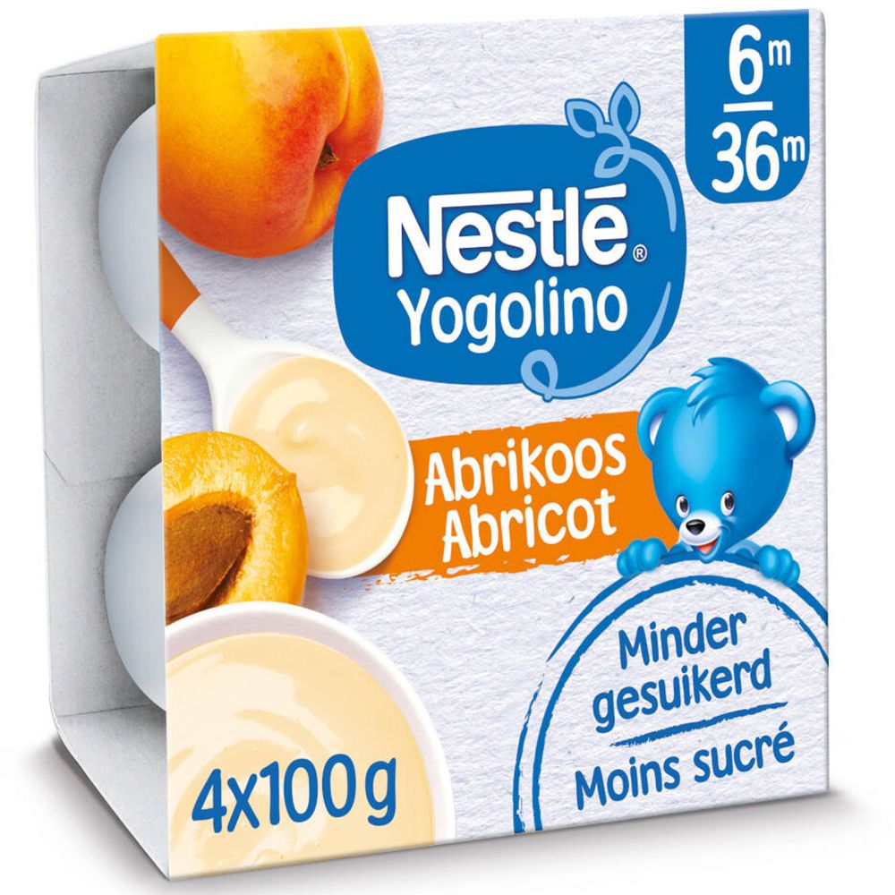 Emballage Nestlé Yogolino Abricot. Boîte bleue avec logo, illustration d'abricots et yaourt. Contient 4 pots.