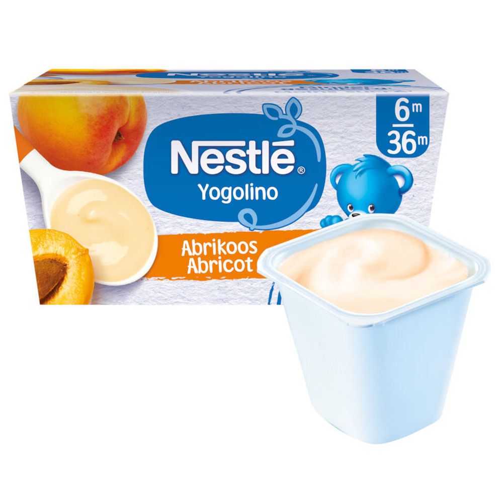 Nestlé Yogolino Abricot, un pot à côté de l'emballage. Emballage bleu avec logo, abricots et yaourt. 6m/36m.