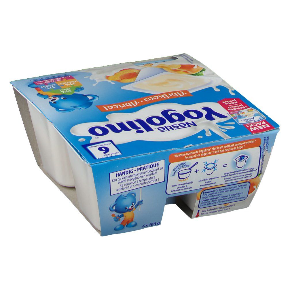 Emballage de 4 Nestlé Yogolino Abricot. Boîte bleue avec logo, abricots et yaourt. 4x100g. Instructions.