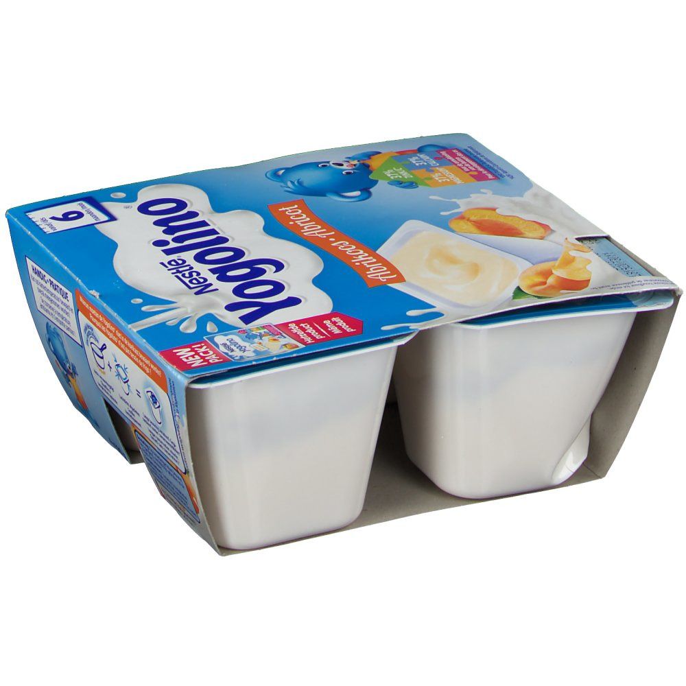 Emballage de 2 Nestlé Yogolino Abricot. Boîte bleue avec logo, abricots et yaourt. 6m. Vue oblique.