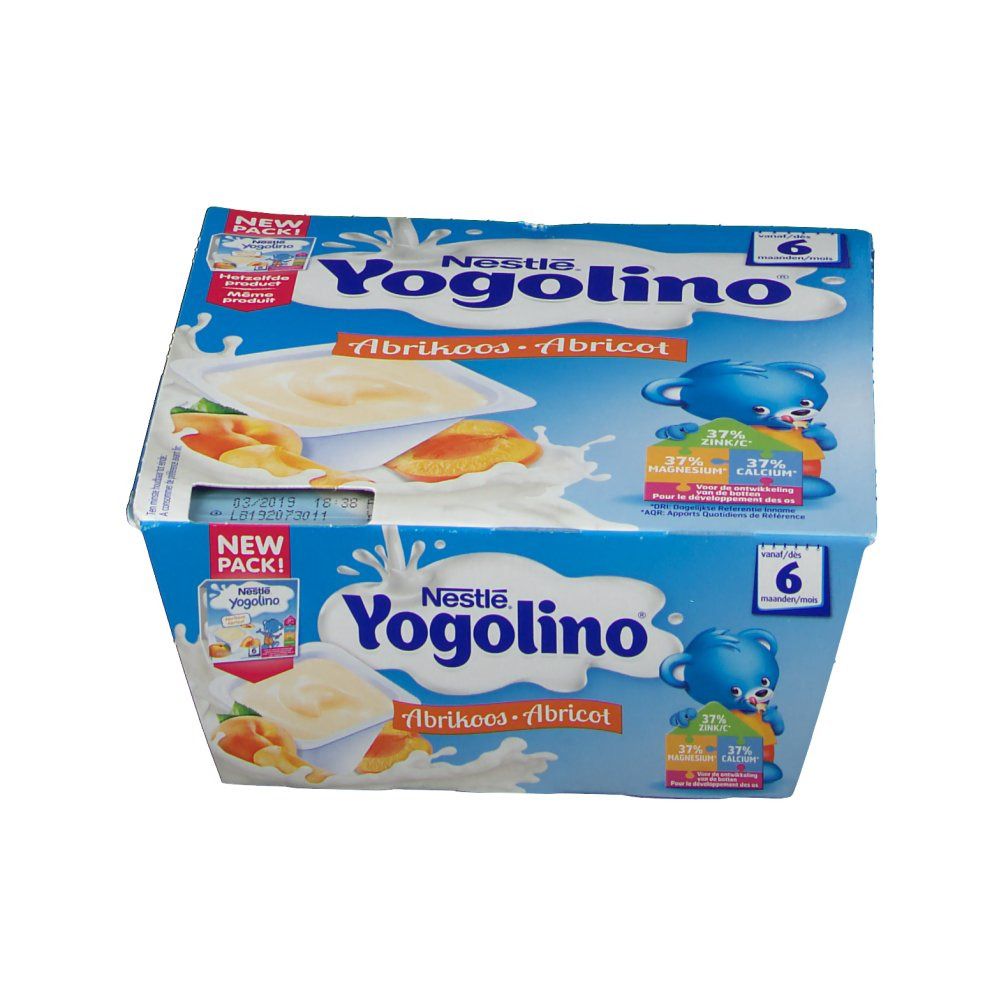 Emballage de 6 Nestlé Yogolino Abricot. Boîte bleue avec logo, abricots et yaourt. 6m. Nouveaux emballages.