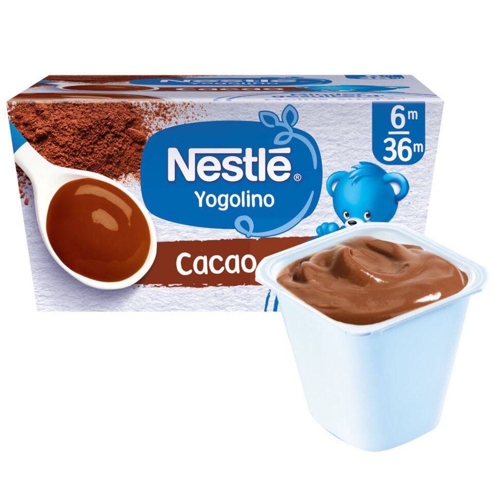 Dessert Nestlé Yogolino Cacao en pot individuel. Emballage avec cacao et cuillère. Texte: 6m/36m, moins sucré.