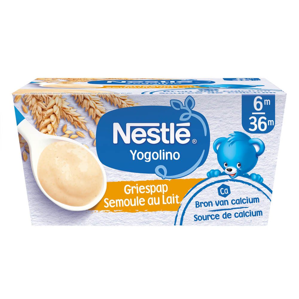 Nestlé Yogolino Griespap. Boîte en carton avec 4 pots. Nom et logo du produit sur emballage bleu et blanc.