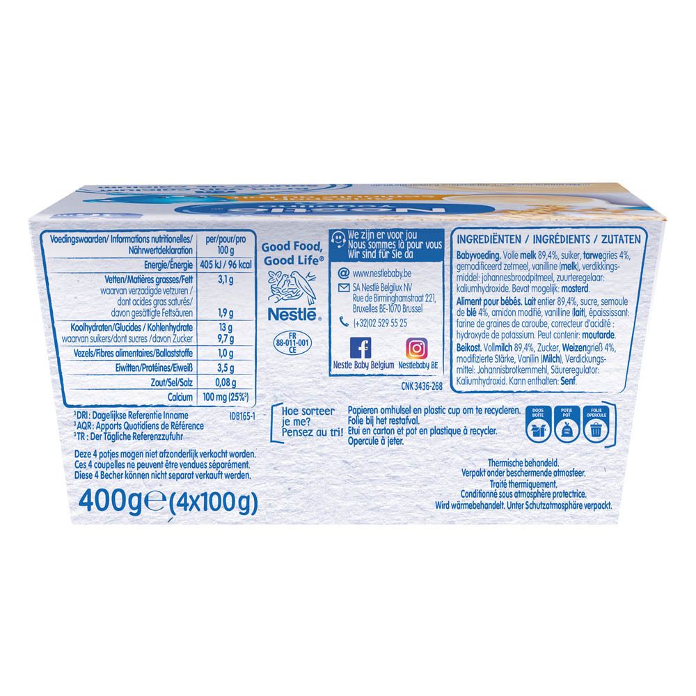 Dos de l'emballage Nestlé Yogolino. Informations sur les ingrédients, la valeur nutritionnelle et la préparation.