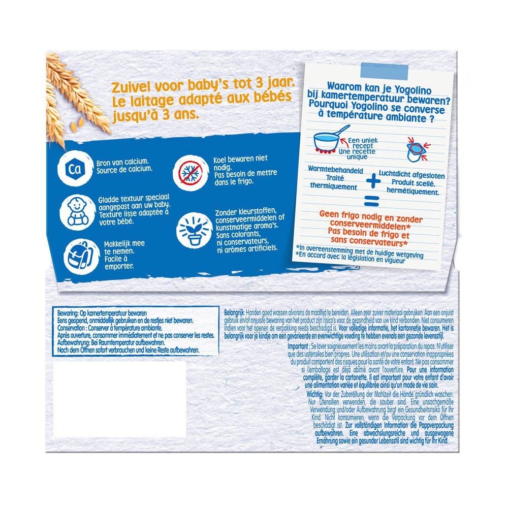 Dos de l'emballage Nestlé Yogolino. Informations sur l'utilisation et la conservation du produit.