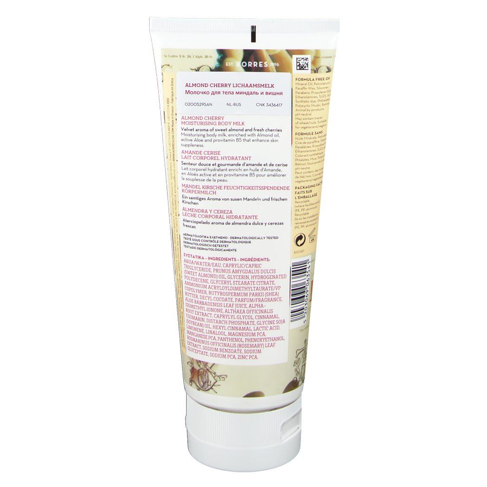 Rückseite der Körperlotion-Tube. Enthält Text in mehreren Sprachen, darunter Inhaltsstoffe und Produktinformationen.