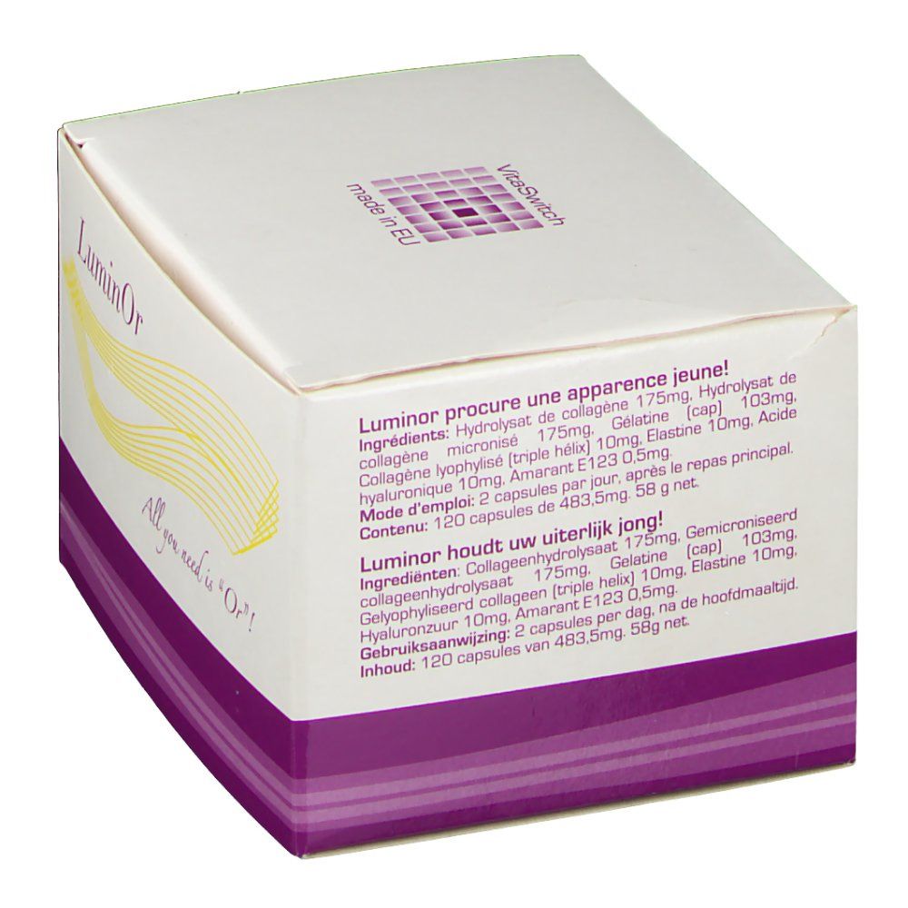 Boîte blanche avec texte. Inscription : LuminOr, VitaSwitch, made in EU. Ingrédients et utilisation.