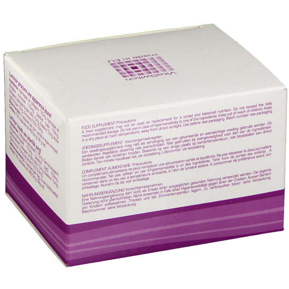 Boîte blanche avec texte. Inscription : LuminOr, VitaSwitch, made in EU. Précautions et conseils.