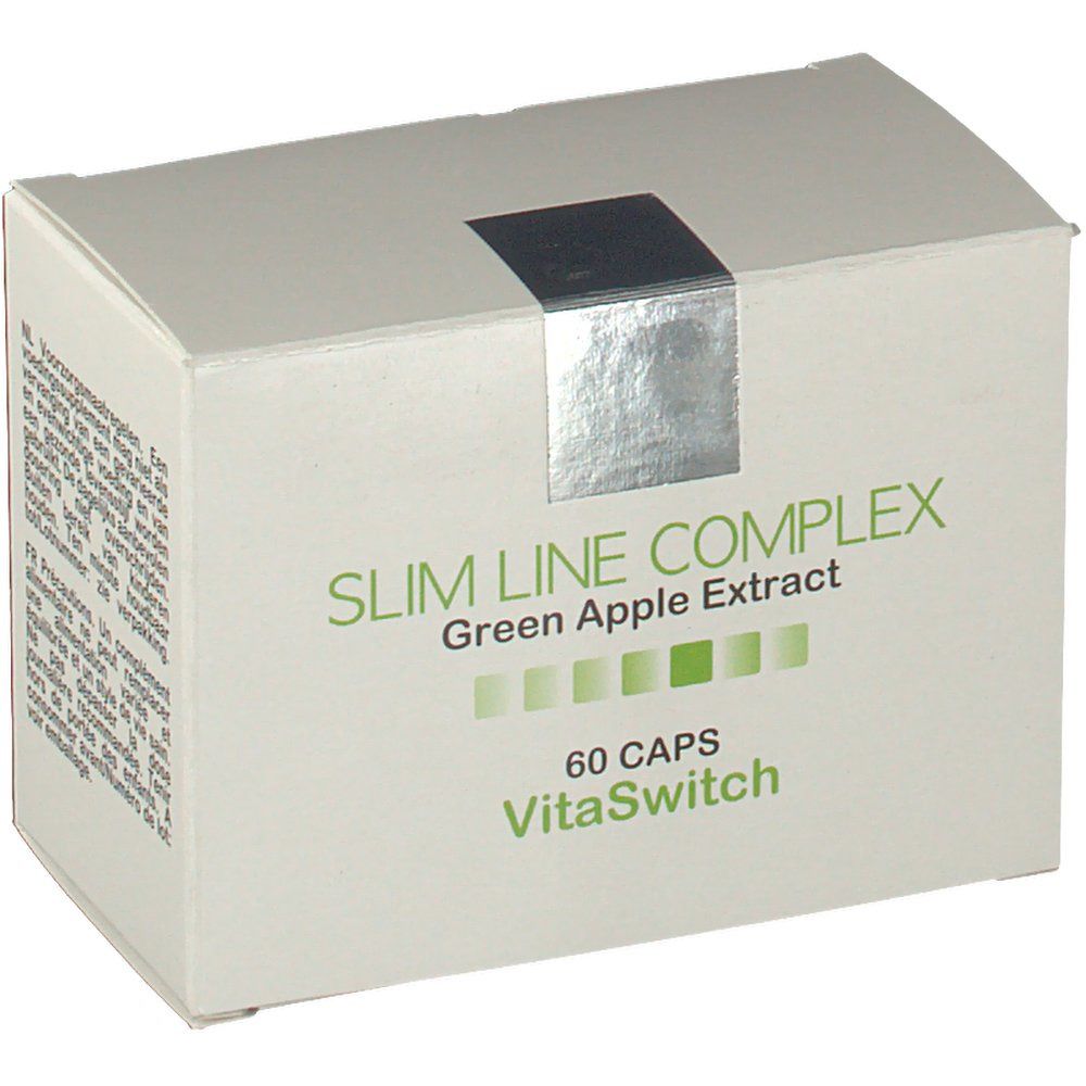 Boîte blanche avec l'inscription "SLIM LINE COMPLEX" et "Green Apple Extract". Contient 60 gélules. Marque : VitaSwitch.