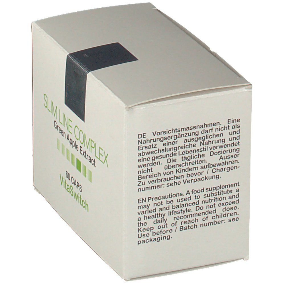 Boîte avec "SLIM LINE COMPLEX" et "Green Apple Extract". Texte en allemand et anglais. 60 gélules. Marque : VitaSwitch.