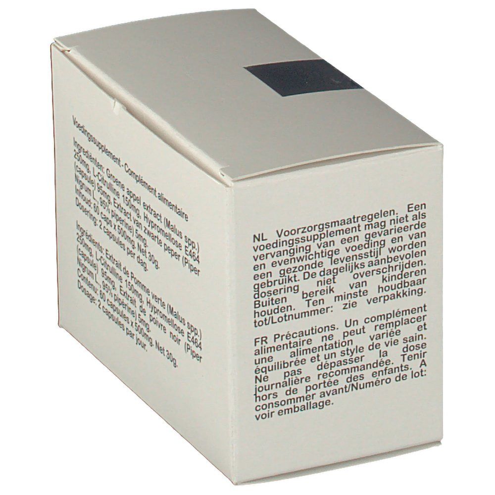 Boîte avec texte en néerlandais et français. Contient des informations sur les précautions et le dosage.