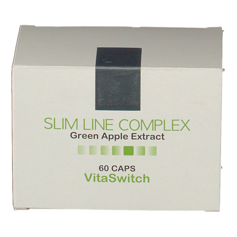 Boîte blanche avec "SLIM LINE COMPLEX" et "Green Apple Extract". Contient 60 gélules. Marque : VitaSwitch.