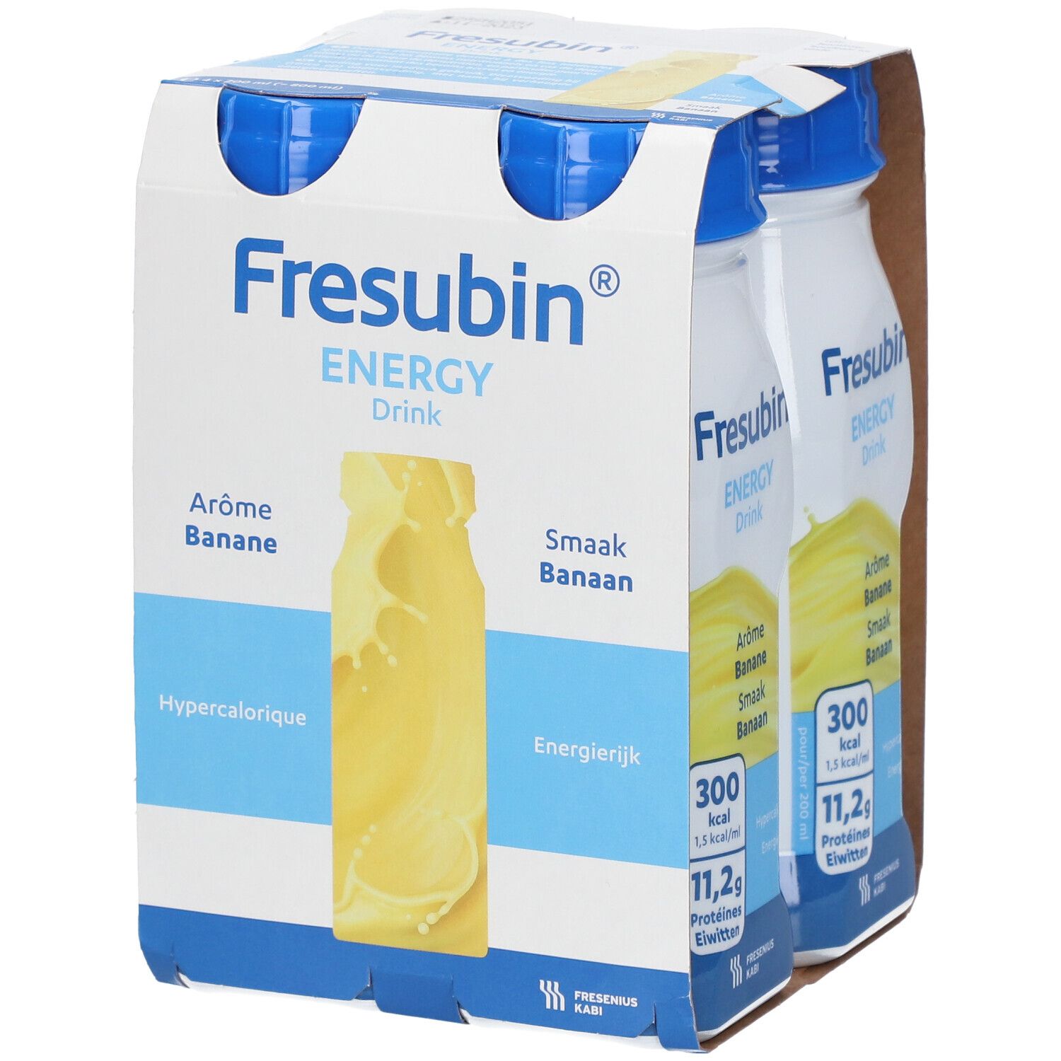 Fresubin Energy Drink Banane, 4 bouteilles en carton. Inscriptions: Arôme Banane, 300 kcal, 11,2g protéines.