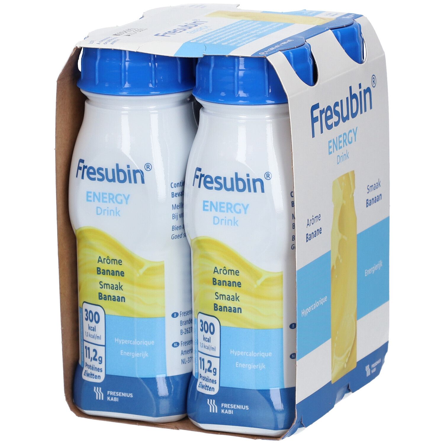 Fresubin Energy Drink Banane, 4 bouteilles en carton. Inscriptions: Arôme Banane, 300 kcal, 11,2g protéines.