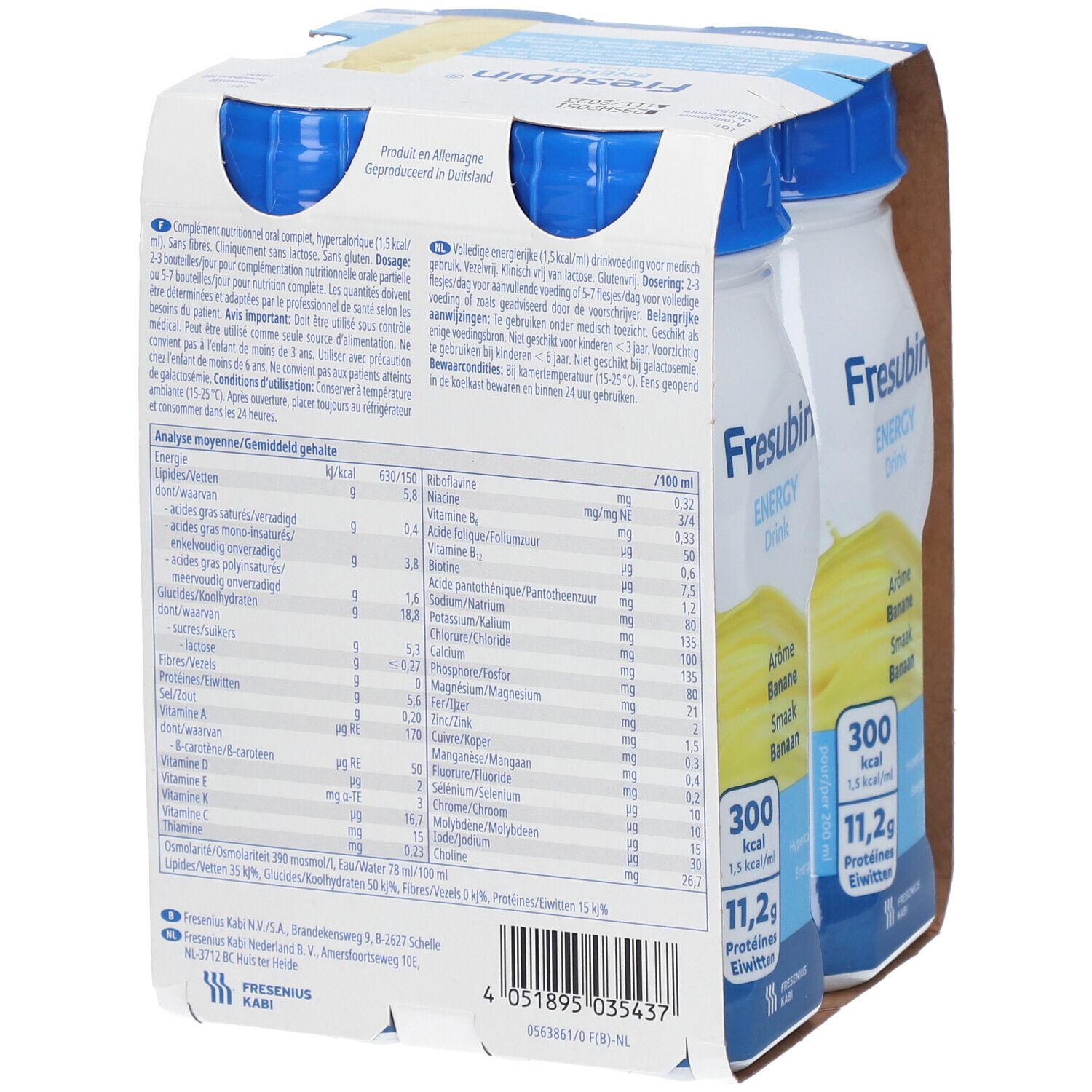 Fresubin Energy Drink Banane, 4 bouteilles en carton. Dos avec informations nutritionnelles et ingrédients.