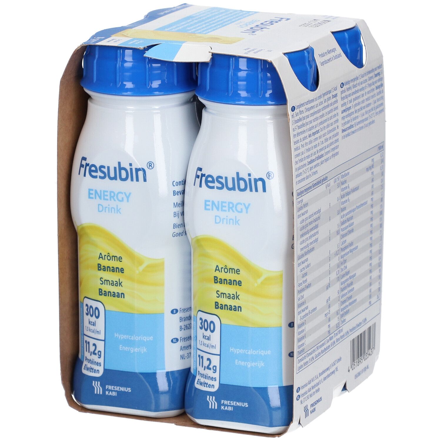 Fresubin Energy Drink Banane, 4 bouteilles en carton. Inscriptions: Arôme Banane, 300 kcal, 11,2g protéines.
