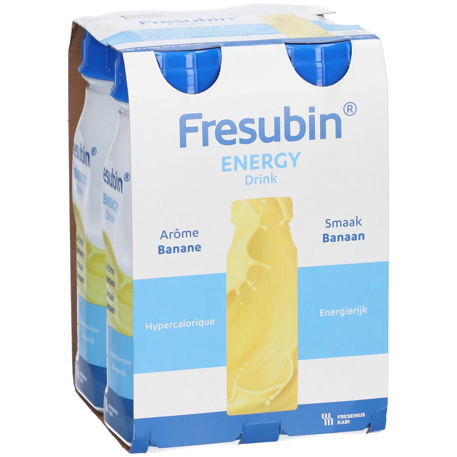 Fresubin Energy Drink Banane, 4 bouteilles en carton. Inscriptions: Arôme Banane, 300 kcal, 11,2g protéines.