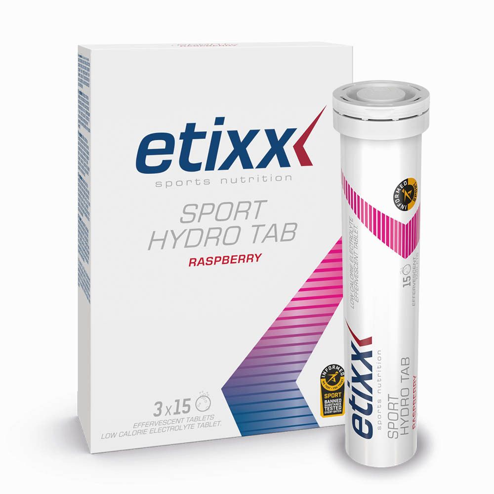 Witte doos en een tube met tabletten. Opschrift: "etixx SPORT HYDRO TAB".