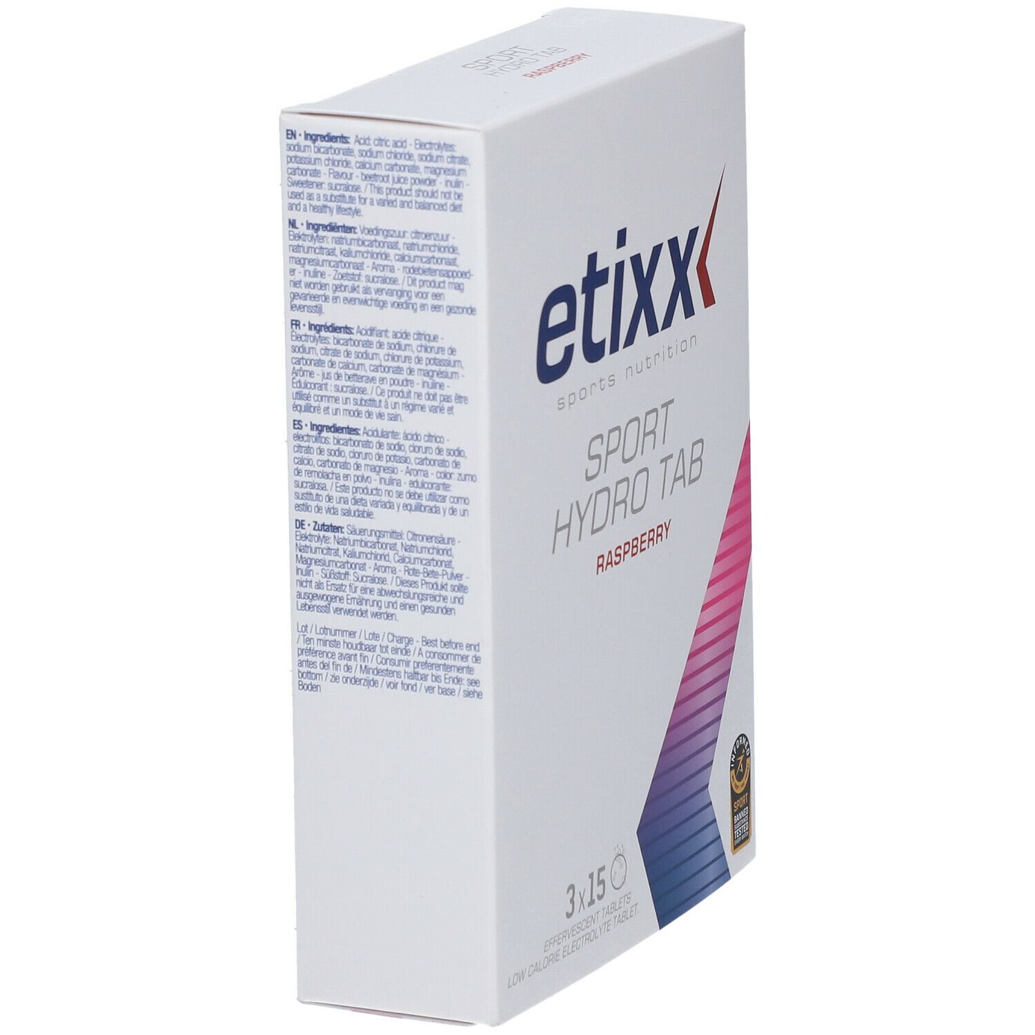 Zijaanzicht van de witte doos met "etixx" logo en tekst. Bevat informatie in verschillende talen.