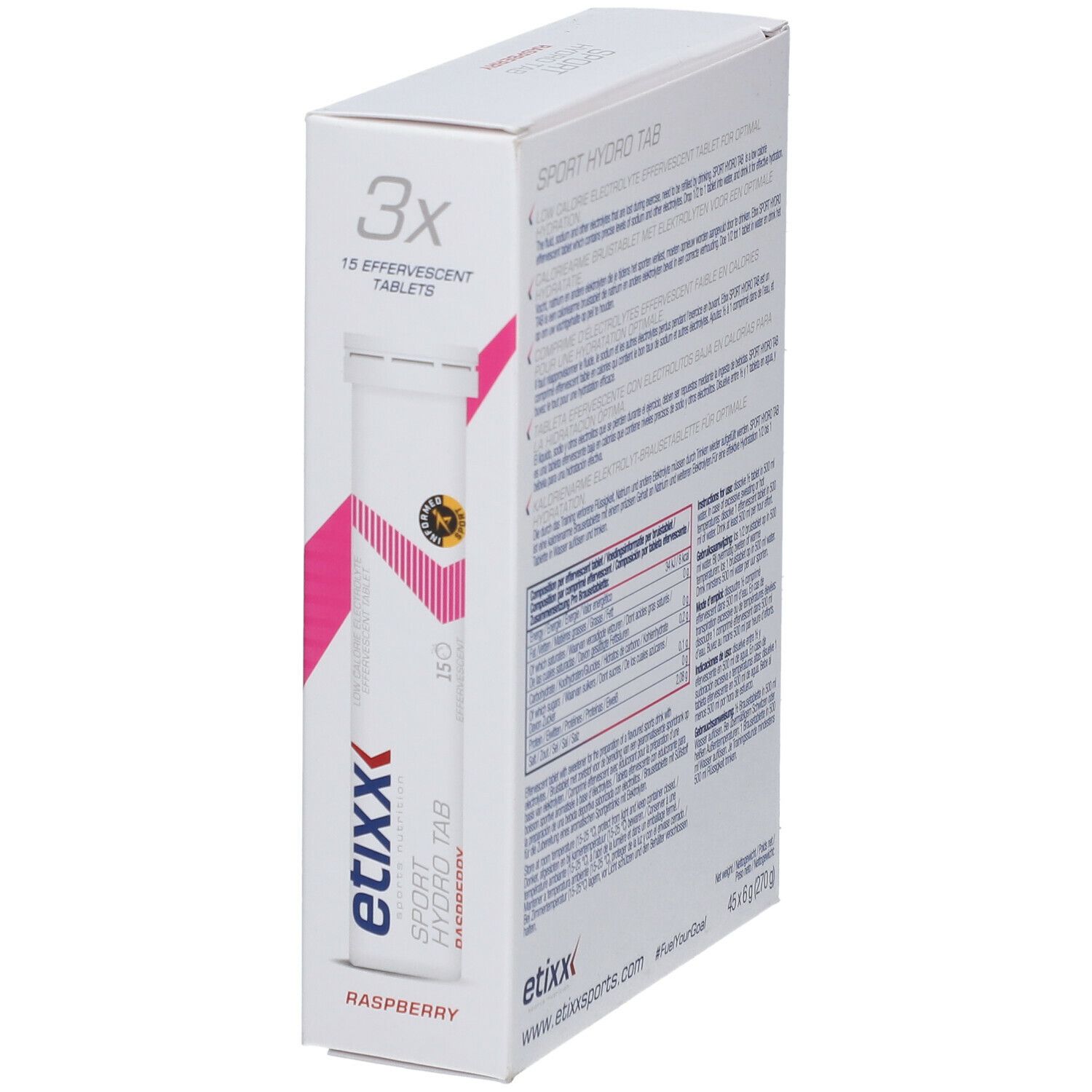 Witte doos met "etixx" logo en tekst. Daarnaast een tube met tabletten. Opschrift: "SPORT HYDRO TAB".