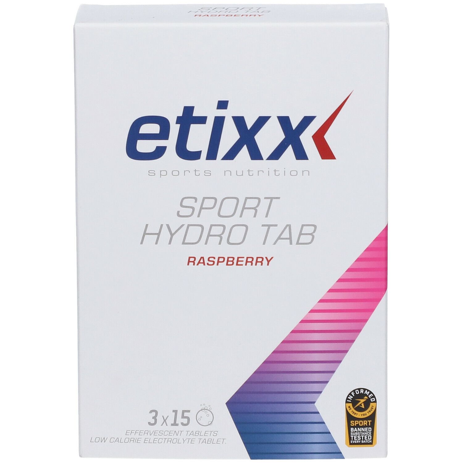 Witte doos met "etixx" logo en "SPORT HYDRO TAB". Bevat 3x15 bruistabletten.