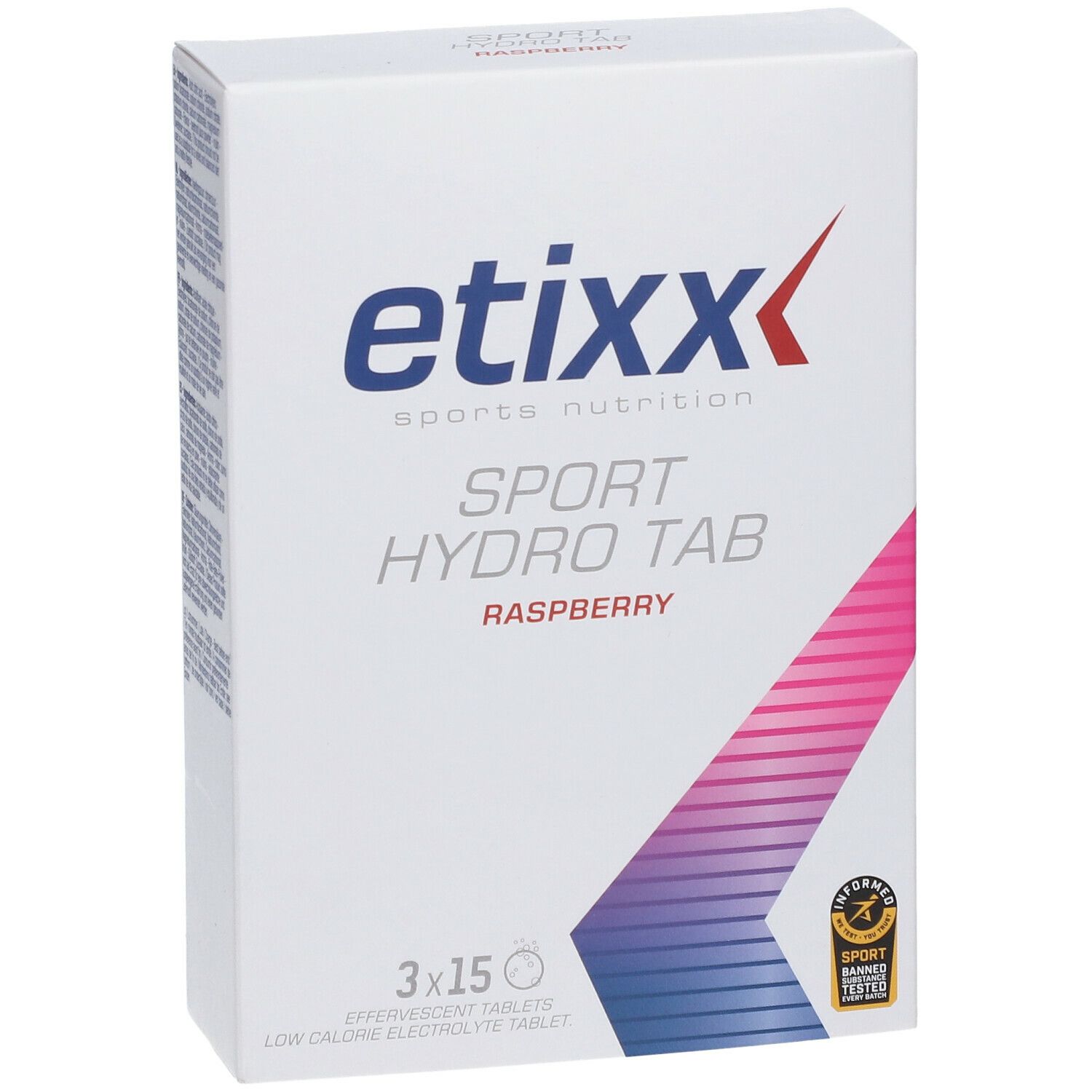 Witte doos met "etixx" logo en "SPORT HYDRO TAB". Bevat 3x15 bruistabletten.