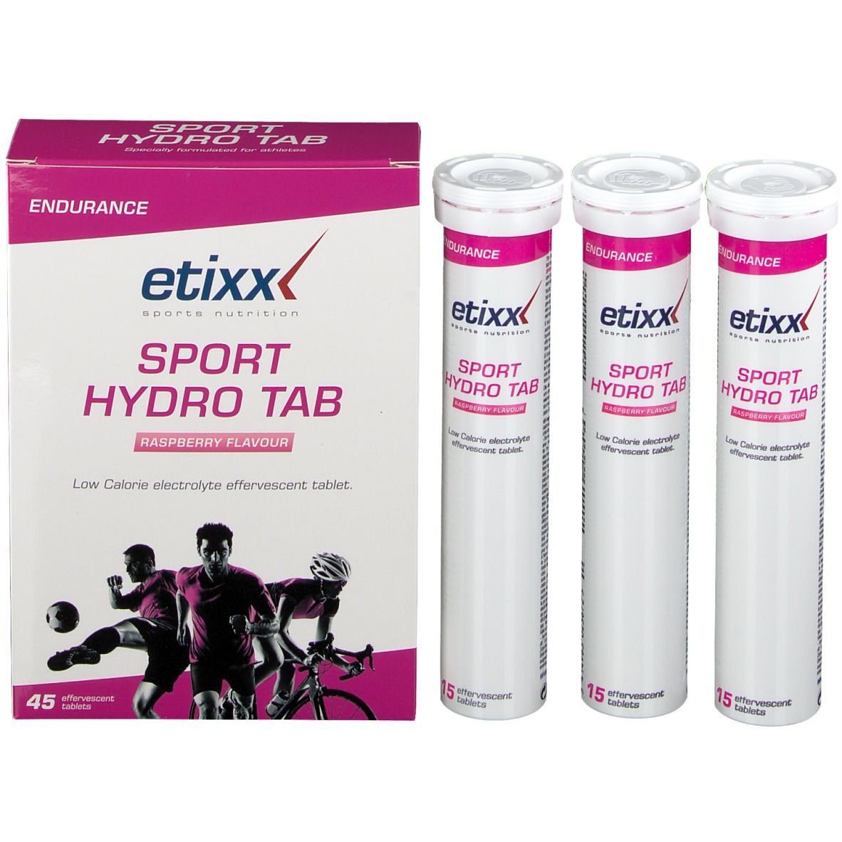 Productverpakking met drie tubes tabletten. Opschrift: "etixx SPORT HYDRO TAB". Afgebeeld zijn sporters.